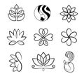 Mermaid, woman face and flowers black outline logo set for spa ad beauty saloon